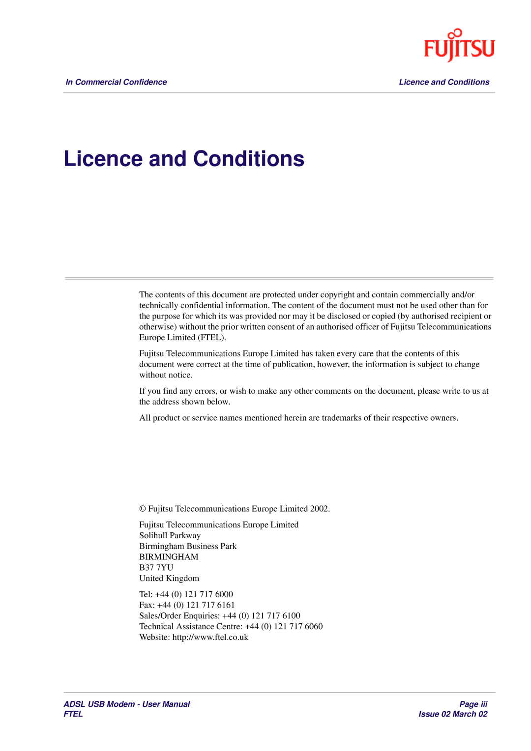 Fujitsu 3XAX-00803AAS user manual Licence and Conditions, Birmingham 