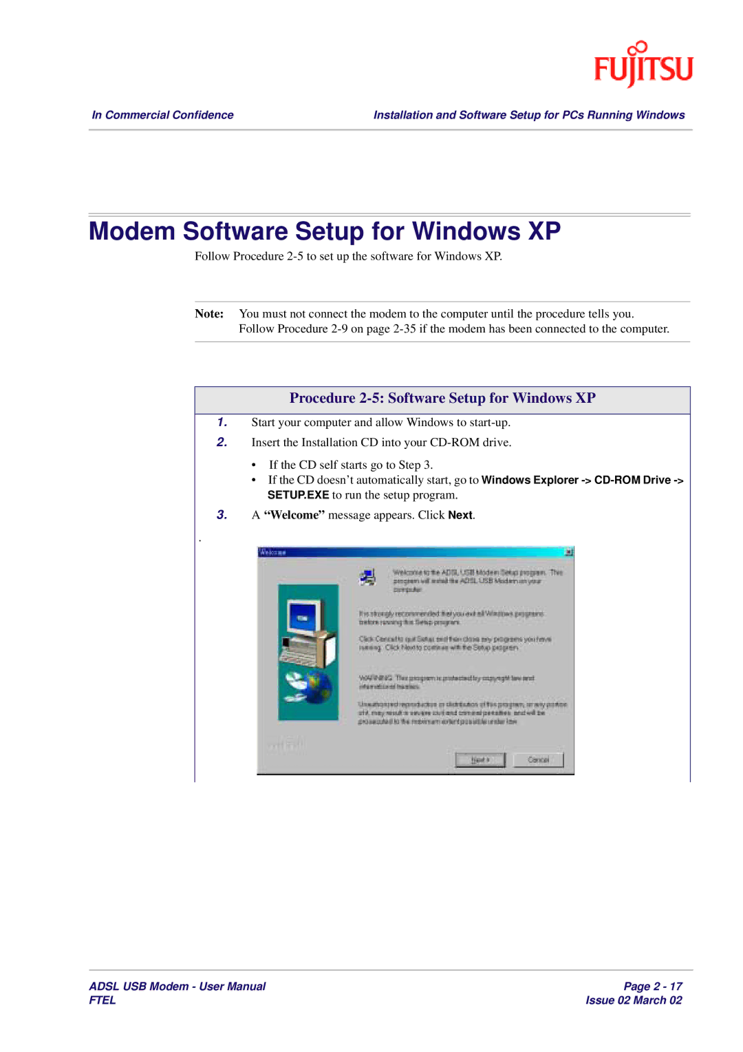 Fujitsu 3XAX-00803AAS user manual Modem Software Setup for Windows XP, Procedure 2-5 Software Setup for Windows XP 