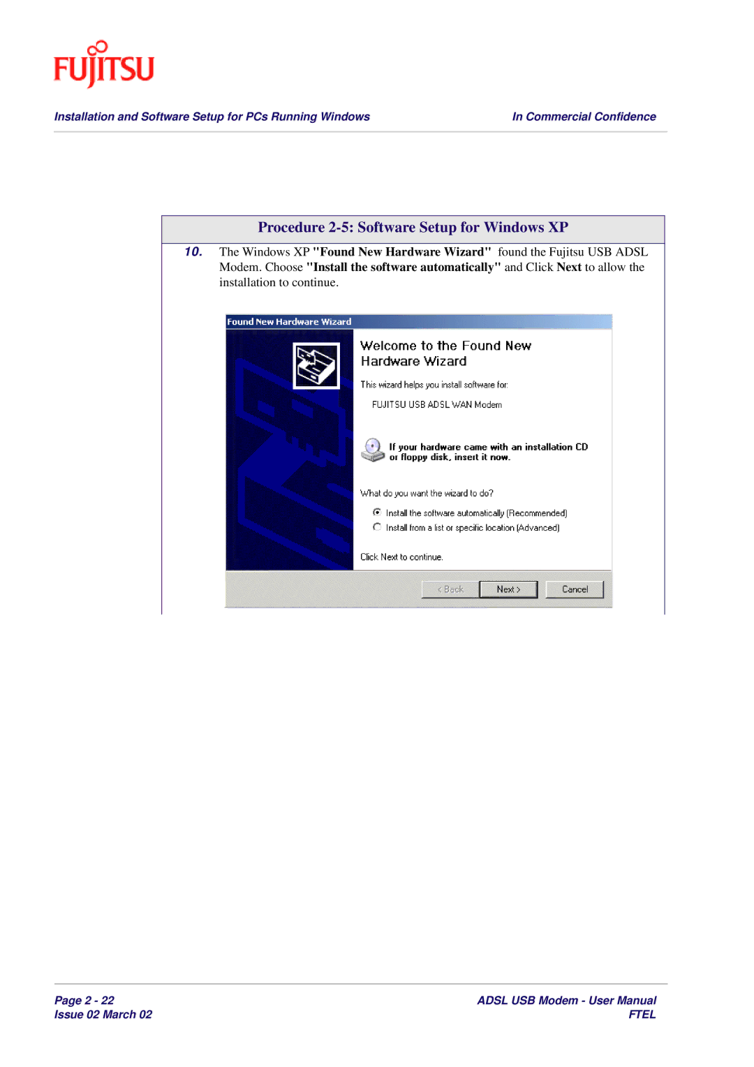 Fujitsu 3XAX-00803AAS user manual Procedure 2-5 Software Setup for Windows XP 