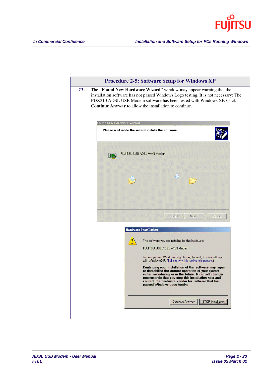 Fujitsu 3XAX-00803AAS user manual Procedure 2-5 Software Setup for Windows XP 