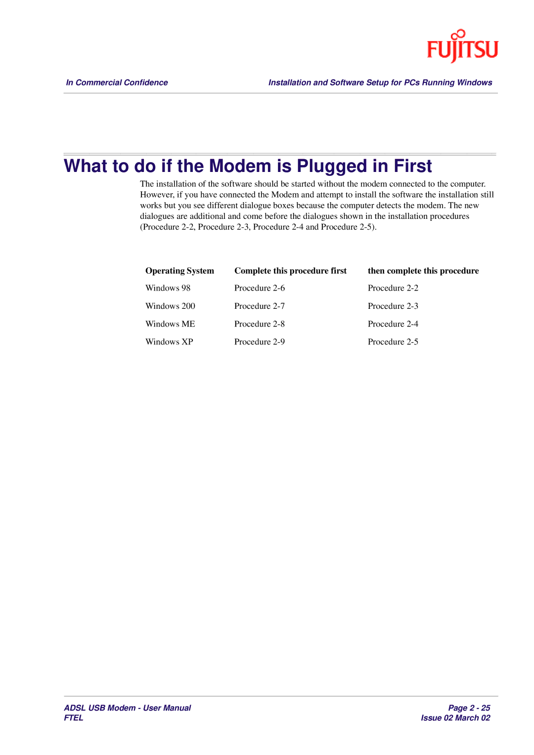 Fujitsu 3XAX-00803AAS user manual What to do if the Modem is Plugged in First, Windows Procedure Windows ME Windows XP 