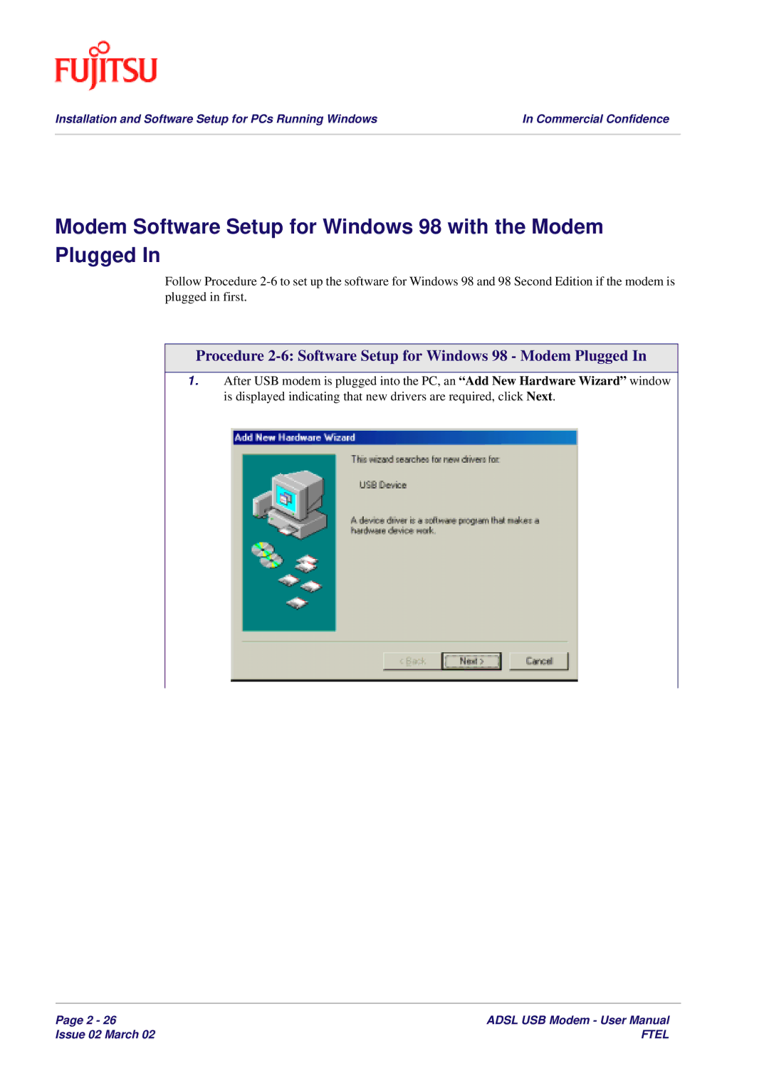 Fujitsu 3XAX-00803AAS user manual Modem Software Setup for Windows 98 with the Modem Plugged 