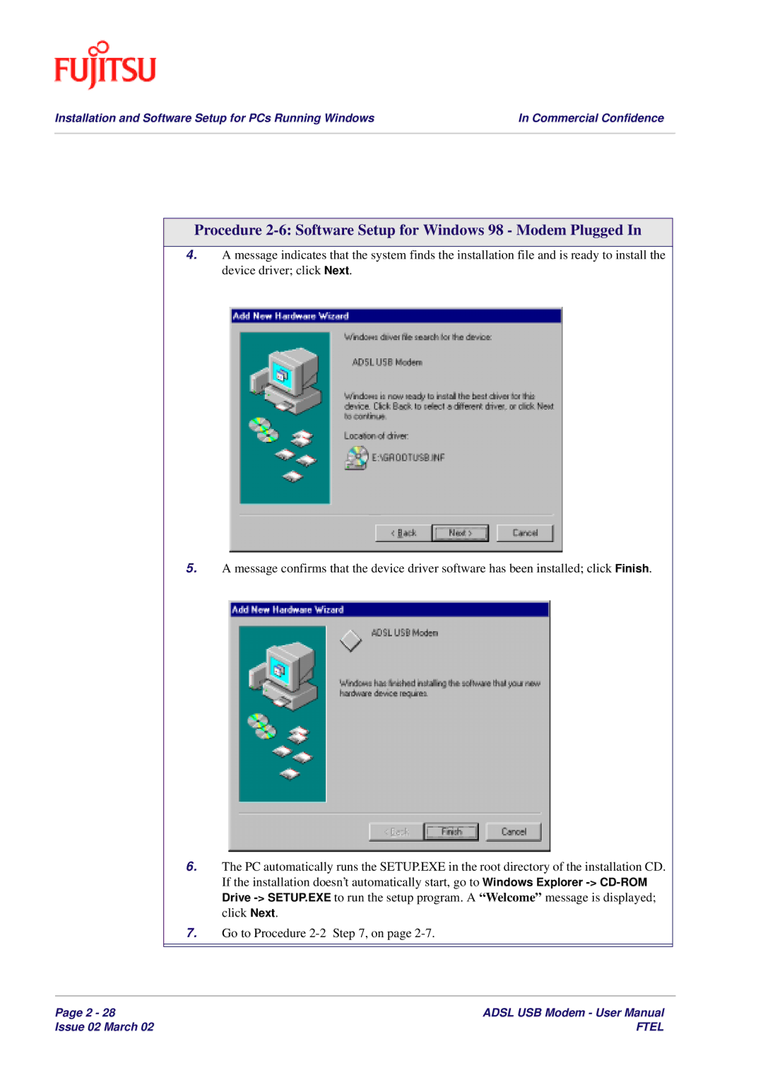 Fujitsu 3XAX-00803AAS user manual Procedure 2-6 Software Setup for Windows 98 Modem Plugged 