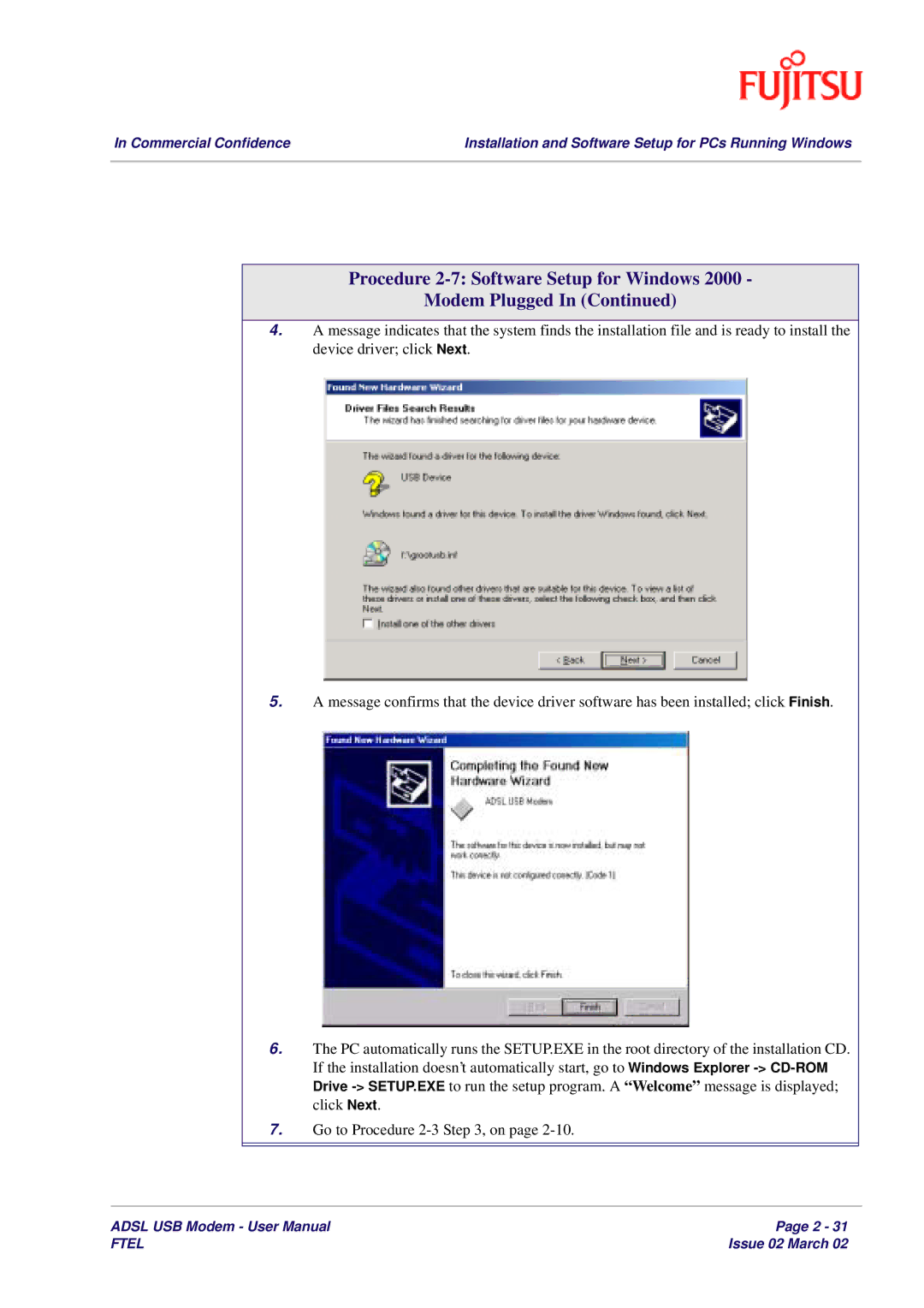 Fujitsu 3XAX-00803AAS user manual Procedure 2-7 Software Setup for Windows Modem Plugged 