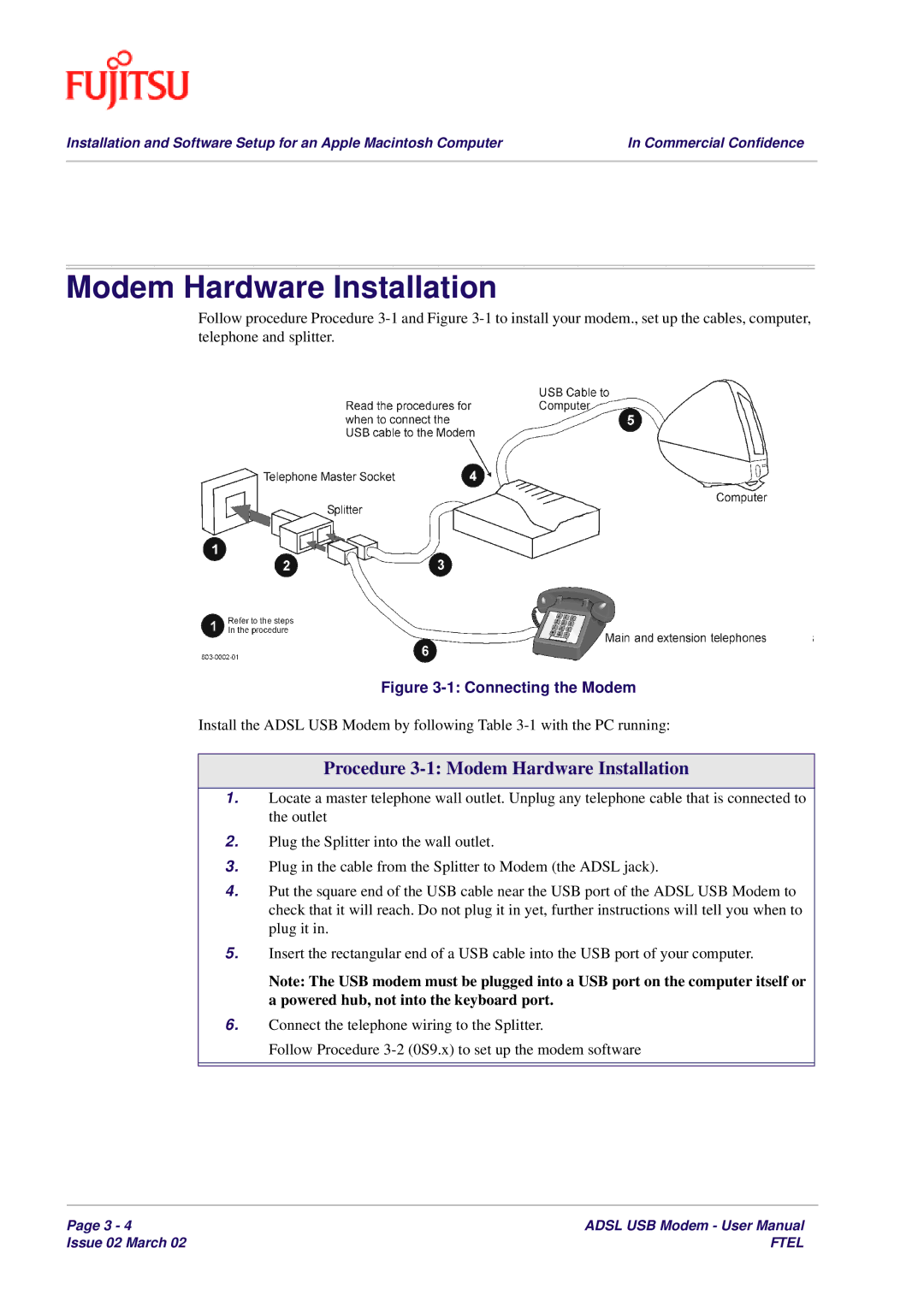 Fujitsu 3XAX-00803AAS user manual Procedure 3-1 Modem Hardware Installation 