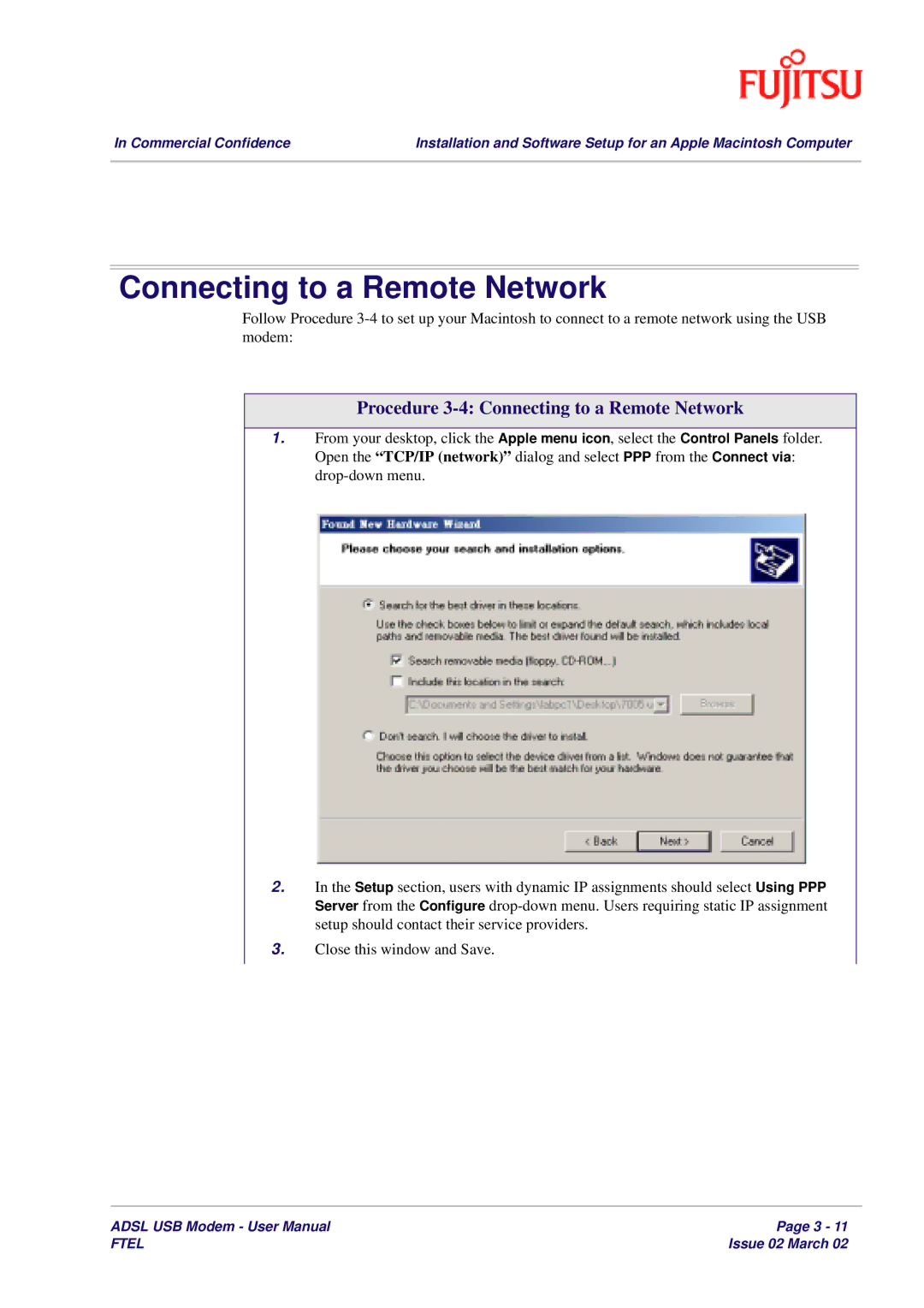 Fujitsu 3XAX-00803AAS user manual Procedure 3-4 Connecting to a Remote Network 