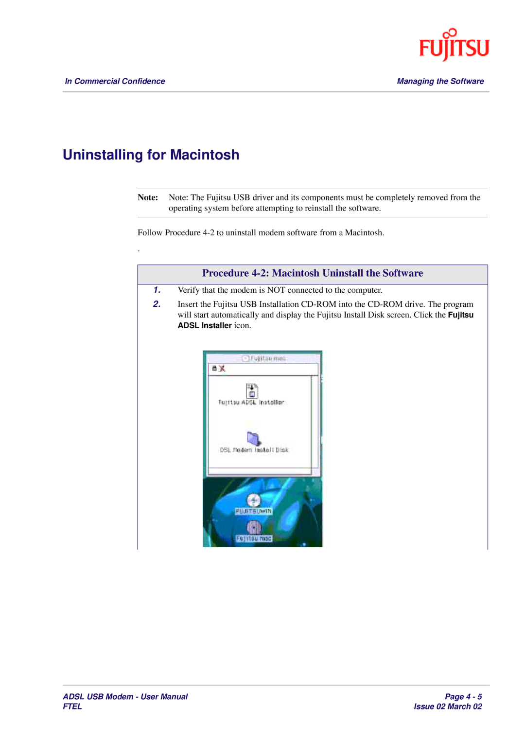 Fujitsu 3XAX-00803AAS user manual Uninstalling for Macintosh, Procedure 4-2 Macintosh Uninstall the Software 