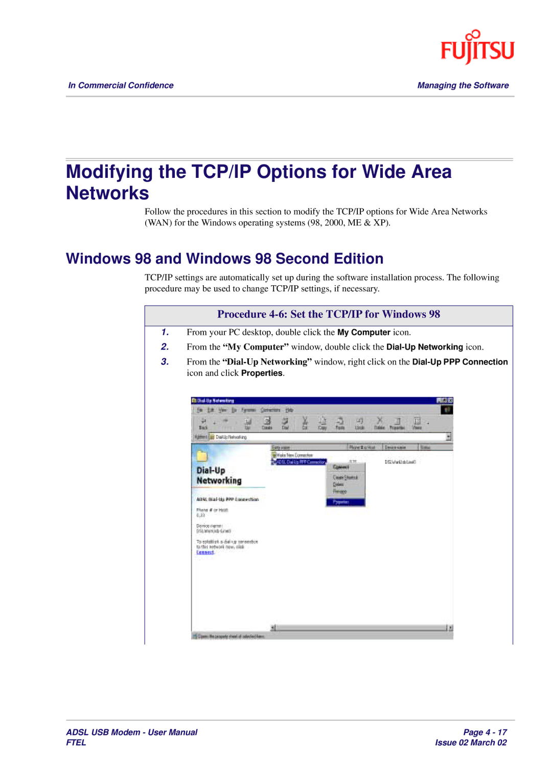 Fujitsu 3XAX-00803AAS Modifying the TCP/IP Options for Wide Area Networks, Windows 98 and Windows 98 Second Edition 