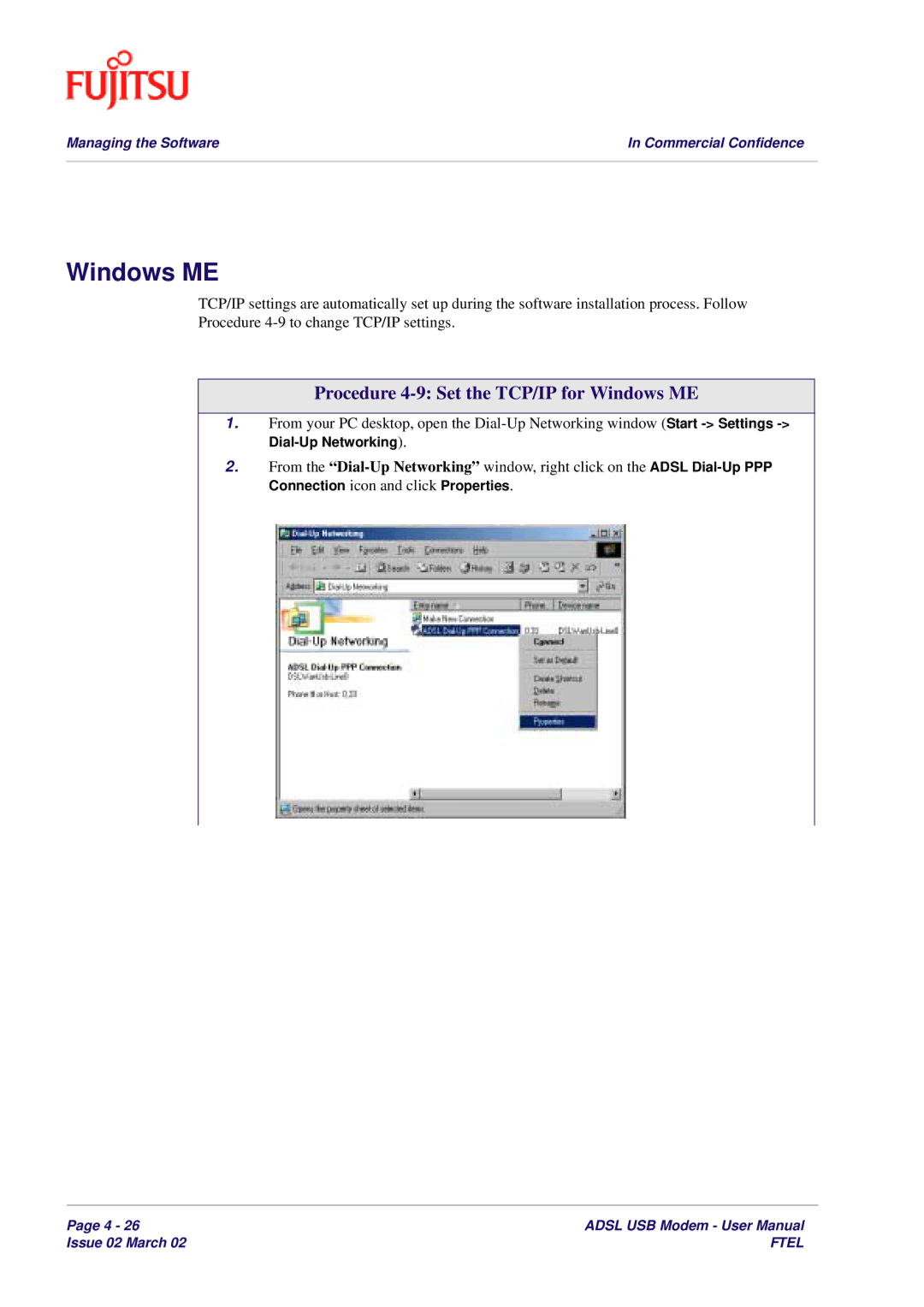 Fujitsu 3XAX-00803AAS user manual Procedure 4-9 Set the TCP/IP for Windows ME 