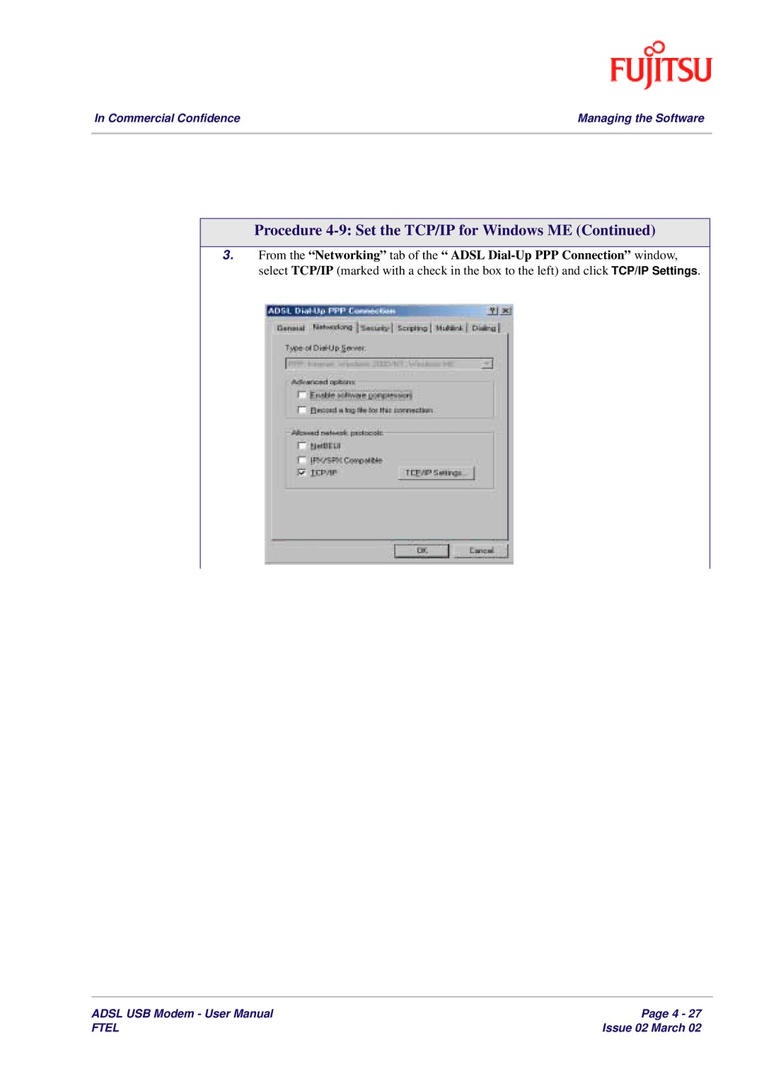 Fujitsu 3XAX-00803AAS user manual Procedure 4-9 Set the TCP/IP for Windows ME 