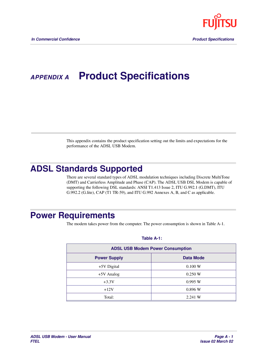 Fujitsu 3XAX-00803AAS user manual Appendix a Product Specifications, Adsl Standards Supported, Power Requirements 