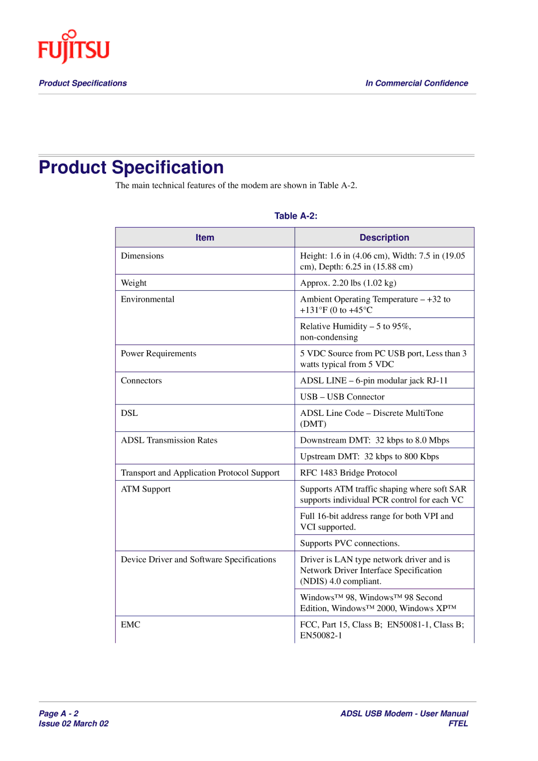 Fujitsu 3XAX-00803AAS user manual Product Specification, Dmt 