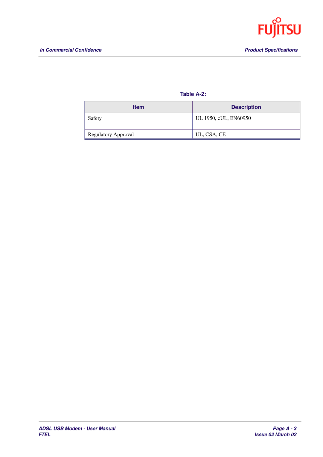 Fujitsu 3XAX-00803AAS user manual Safety UL 1950, cUL, EN60950 