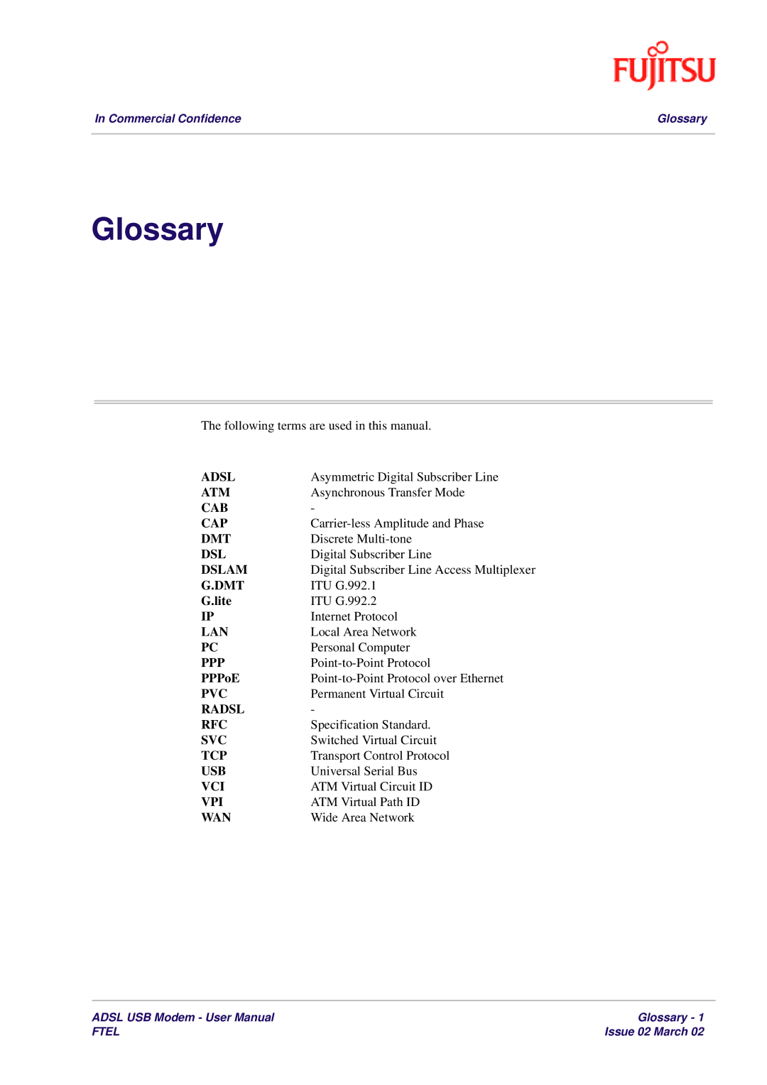 Fujitsu 3XAX-00803AAS user manual Glossary, Wan 