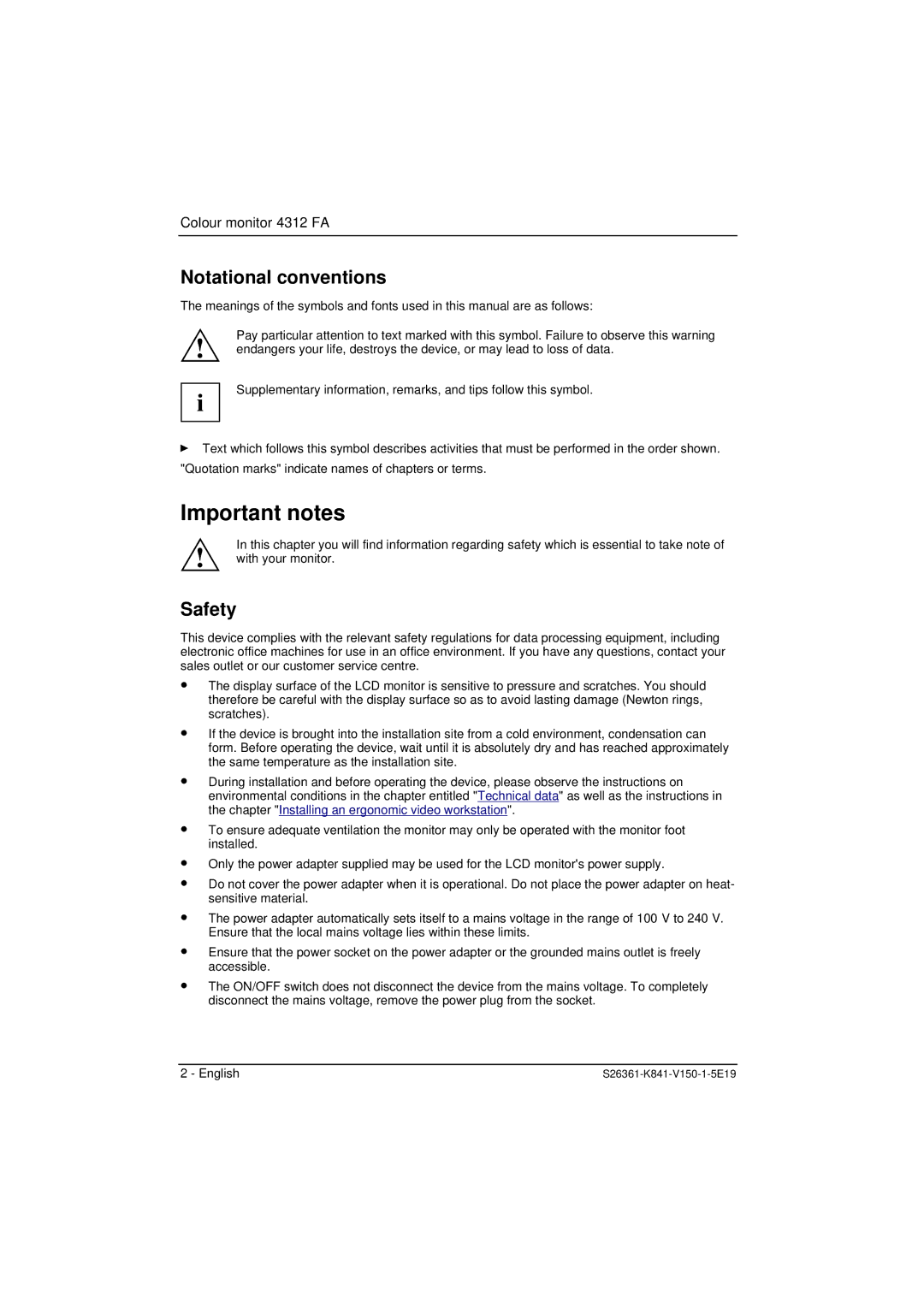 Fujitsu 4312 FA manual Important notes, Notational conventions, Safety 