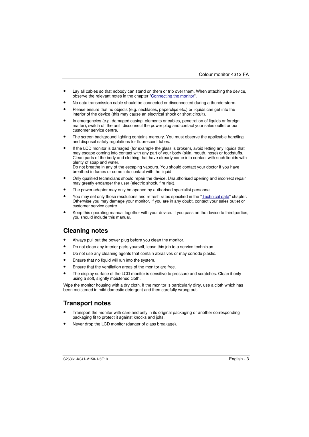 Fujitsu 4312 FA manual Cleaning notes, Transport notes 