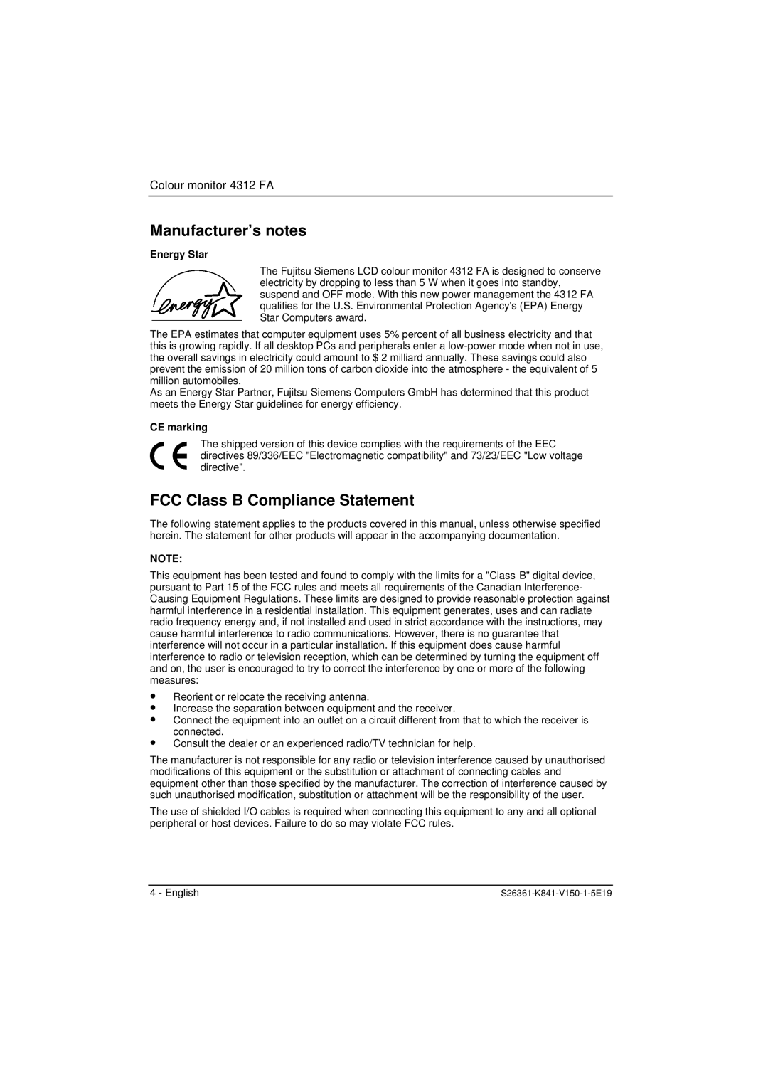 Fujitsu 4312 FA manual Manufacturer’s notes, FCC Class B Compliance Statement, Energy Star, CE marking 