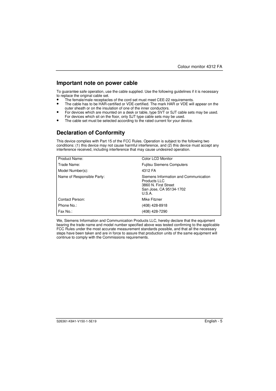 Fujitsu 4312 FA manual Important note on power cable, Declaration of Conformity 