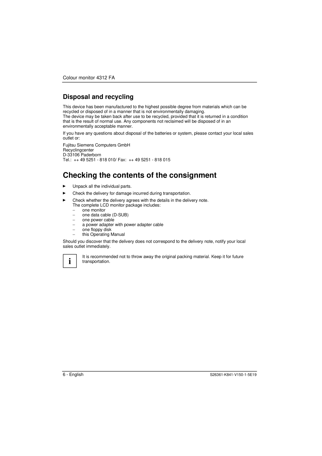 Fujitsu 4312 FA manual Checking the contents of the consignment 