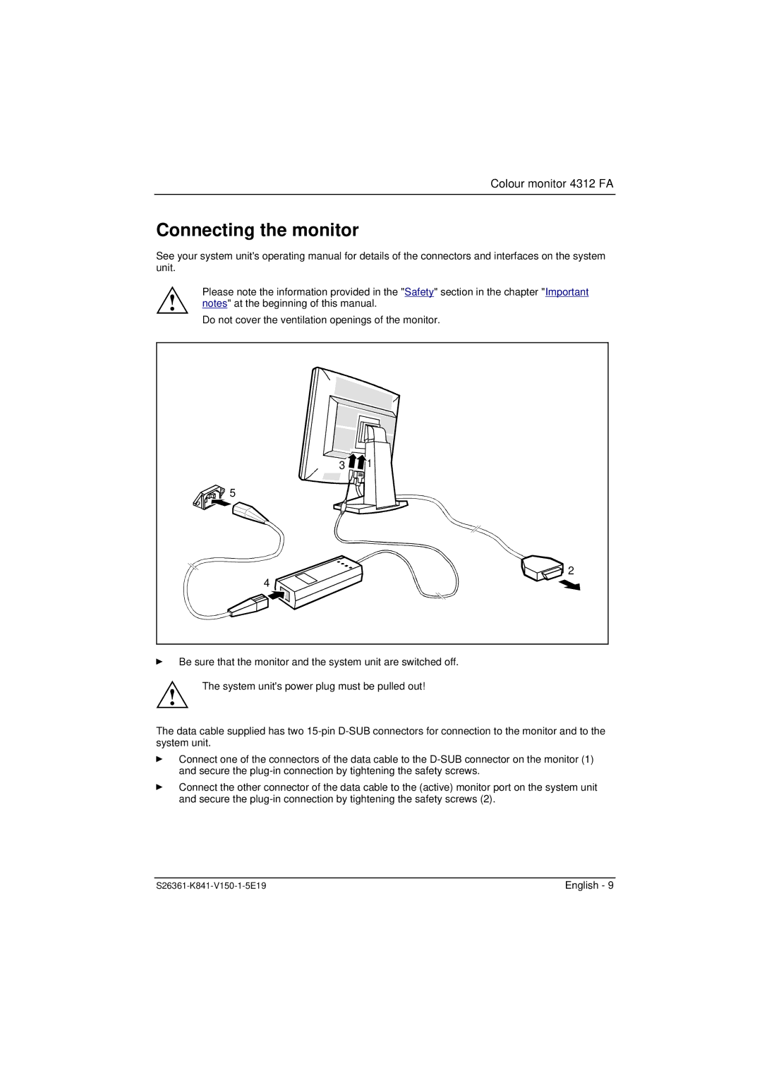 Fujitsu 4312 FA manual Connecting the monitor 