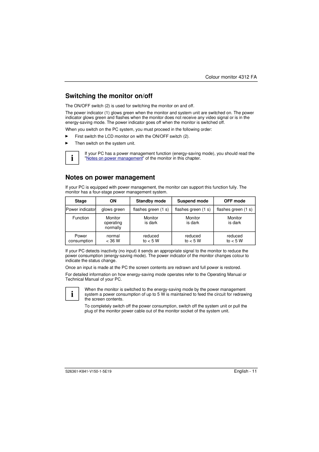 Fujitsu 4312 FA manual Switching the monitor on/off, Stage Standby mode Suspend mode OFF mode 