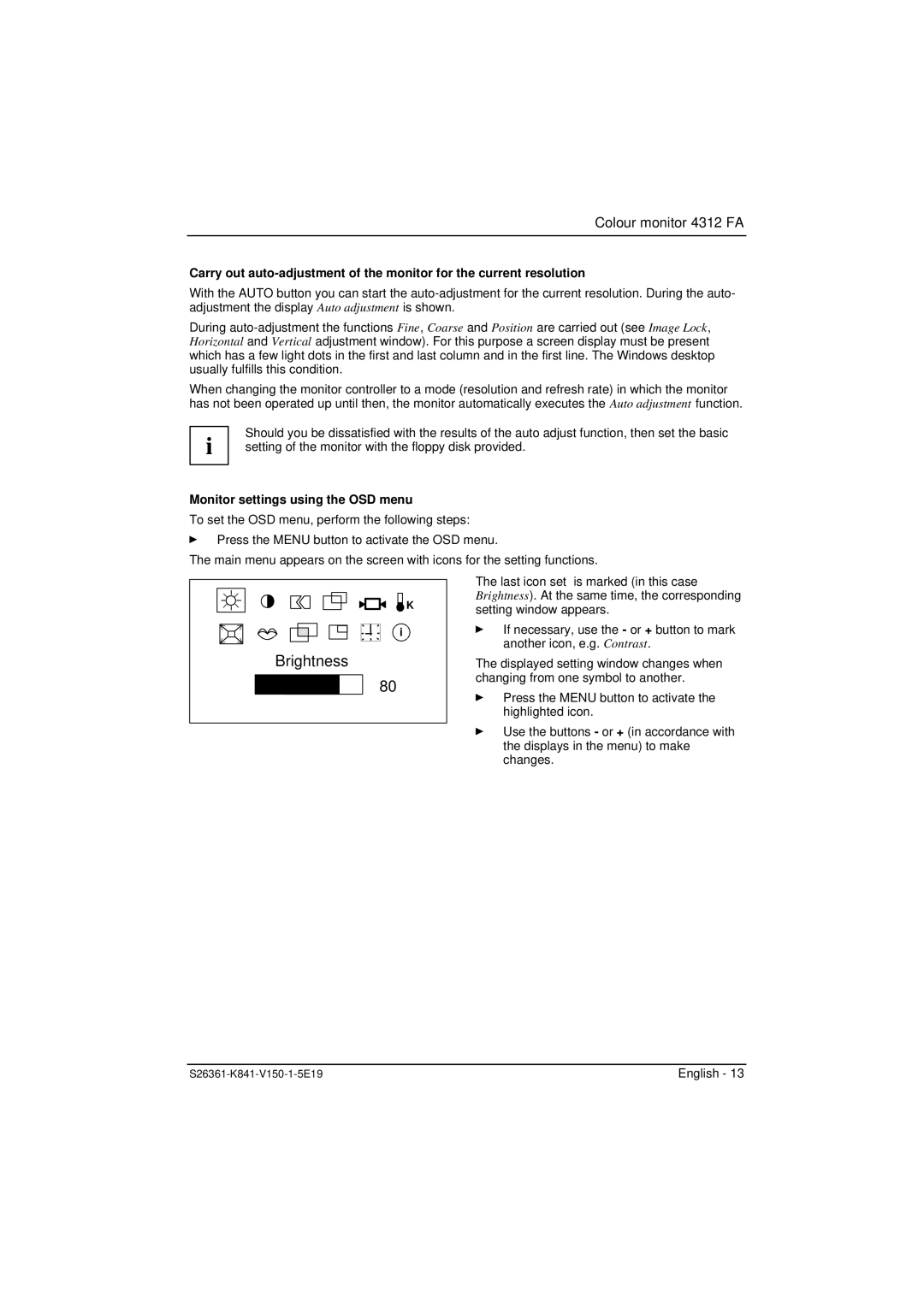 Fujitsu 4312 FA manual Brightness, Monitor settings using the OSD menu 