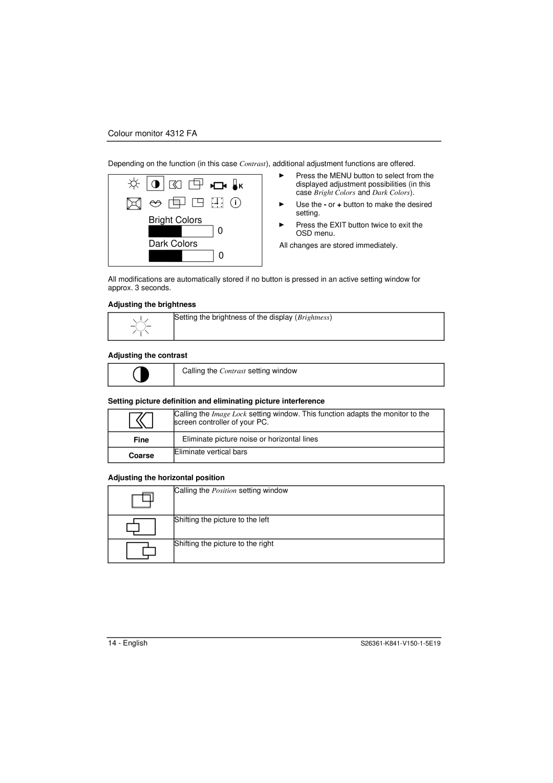 Fujitsu 4312 FA manual Adjusting the brightness, Adjusting the contrast, Eliminate picture noise or horizontal lines 