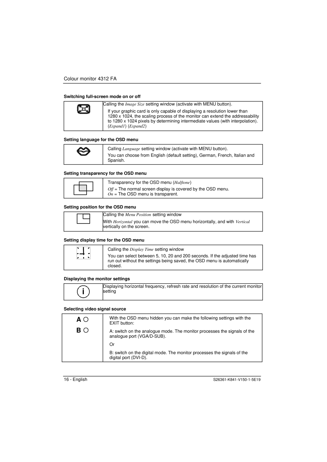 Fujitsu 4312 FA Switching full-screen mode on or off, Setting language for the OSD menu, Setting position for the OSD menu 