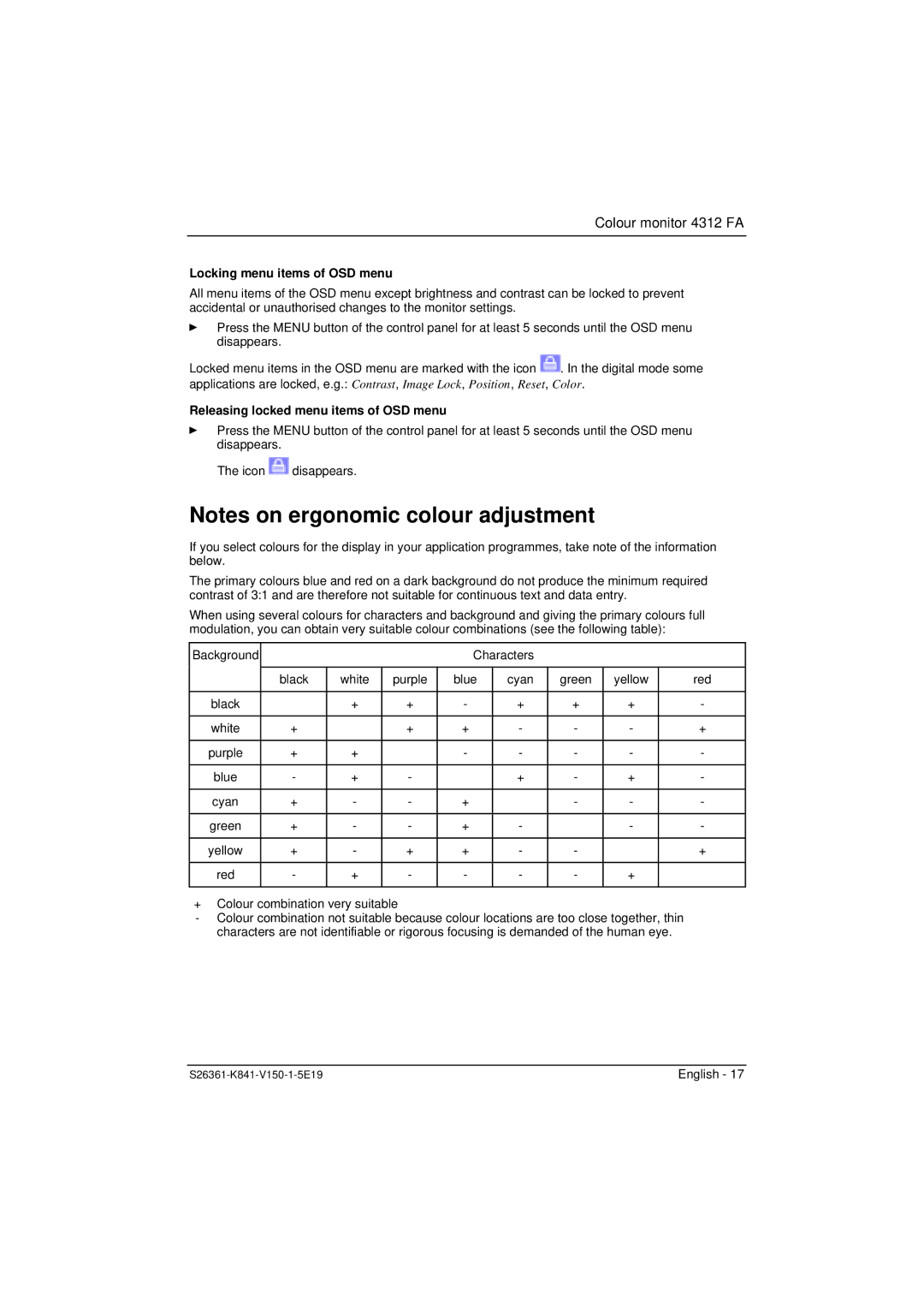 Fujitsu 4312 FA manual Locking menu items of OSD menu, Releasing locked menu items of OSD menu 