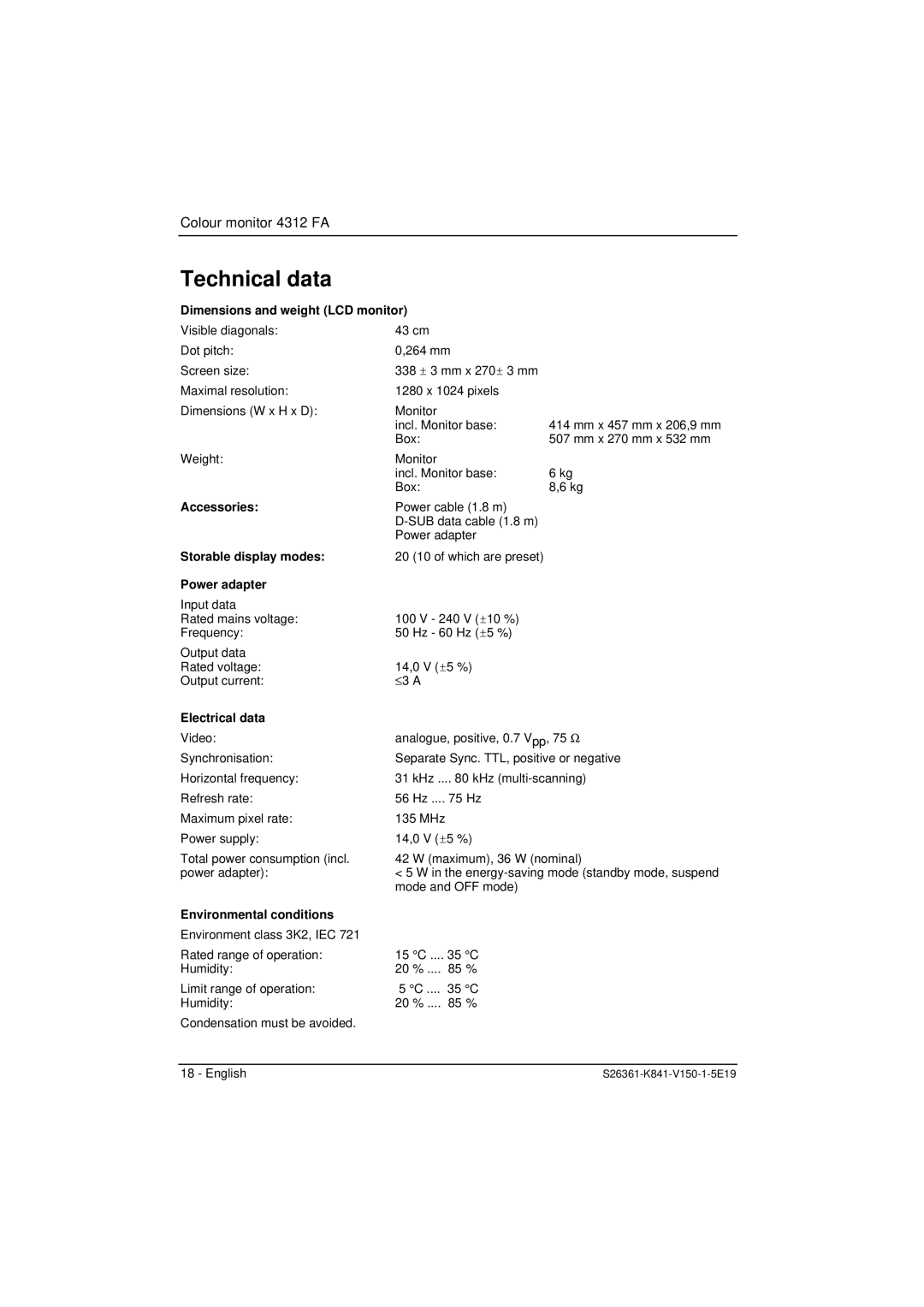 Fujitsu 4312 FA manual Technical data 