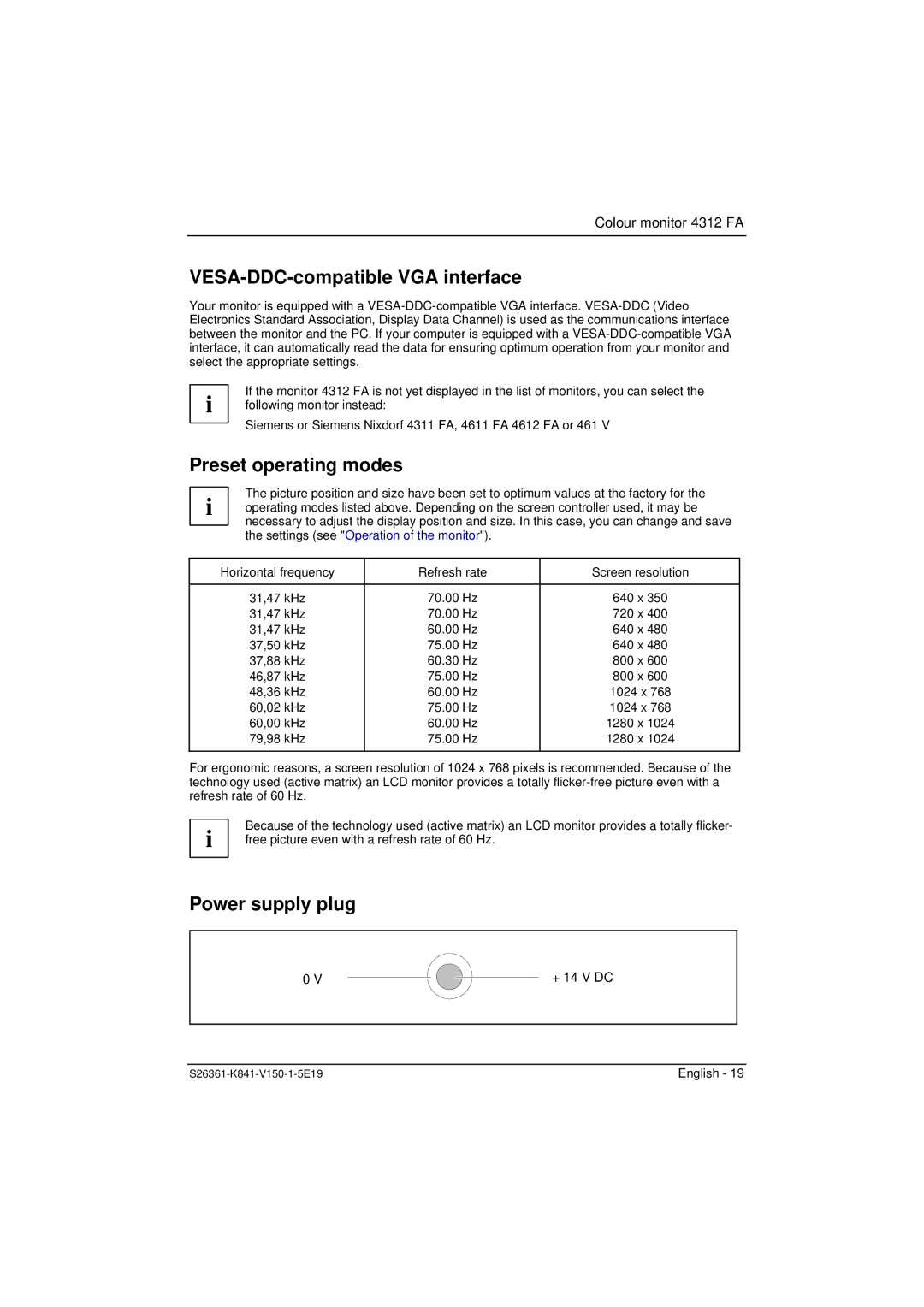 Fujitsu 4312 FA manual VESA-DDC-compatible VGA interface, Preset operating modes, Power supply plug 