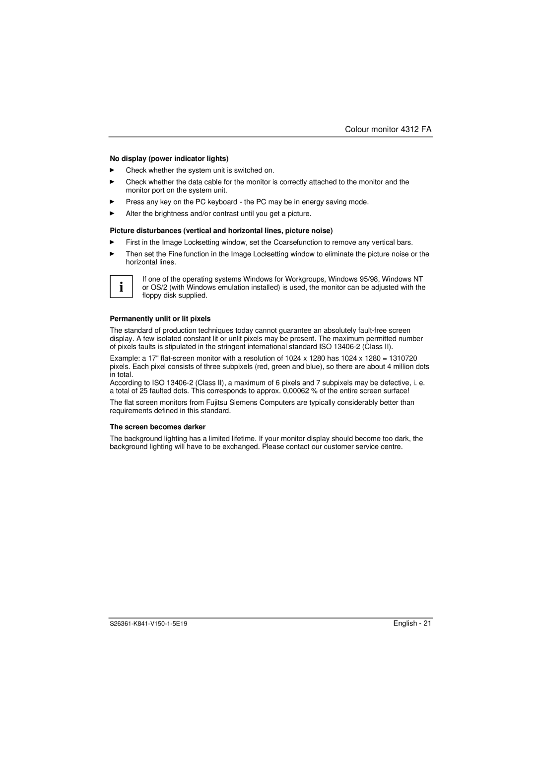 Fujitsu 4312 FA manual No display power indicator lights, Permanently unlit or lit pixels, Screen becomes darker 