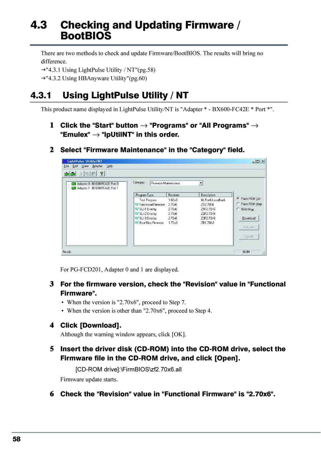 Fujitsu 4Gbit/s FC I/O Modules manual Checking and Updating Firmware / BootBIOS, Using LightPulse Utility / NT 