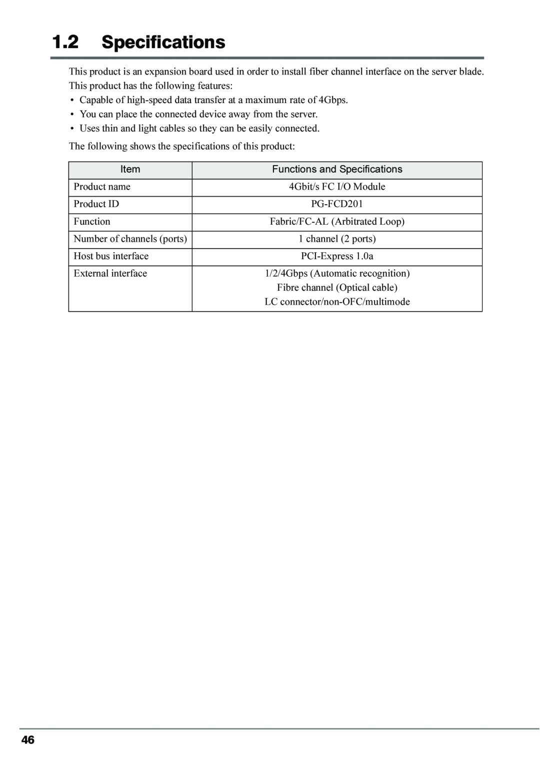 Fujitsu 4Gbit/s FC I/O Modules manual Specifications 