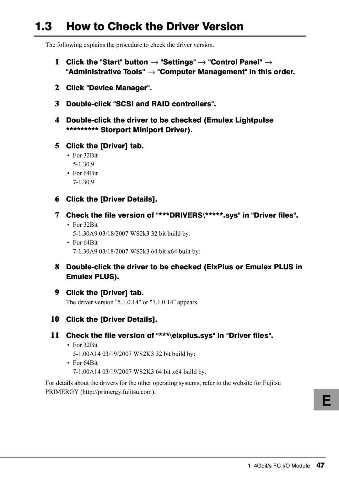 Fujitsu 4Gbit/s FC I/O Modules manual How to Check the Driver Version 