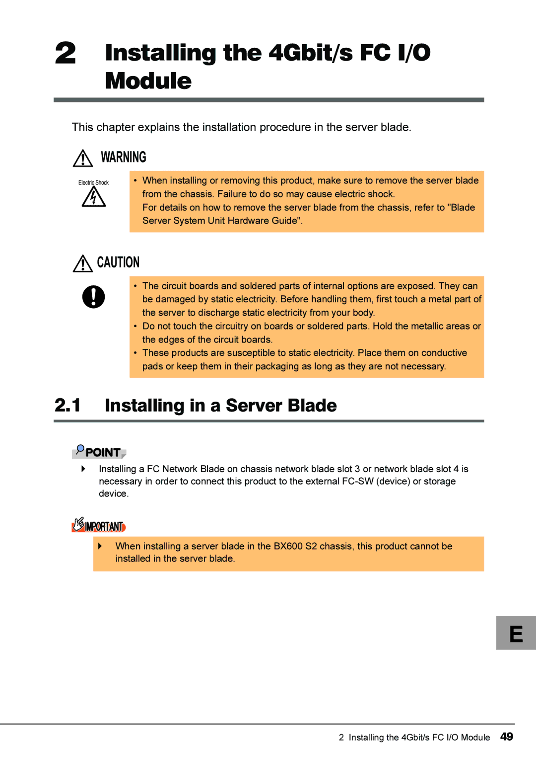 Fujitsu 4Gbit/s FC I/O Modules manual Installing the 4Gbit/s FC I/O Module, Installing in a Server Blade 