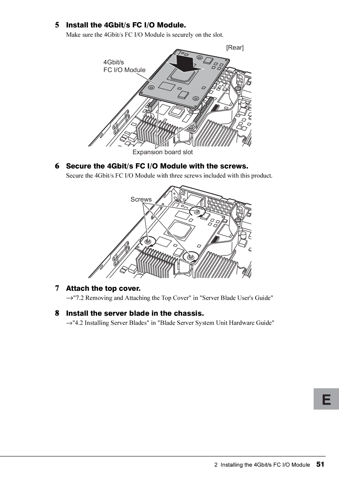 Fujitsu 4Gbit/s FC I/O Modules manual Install the 4Gbit/s FC I/O Module, Secure the 4Gbit/s FC I/O Module with the screws 