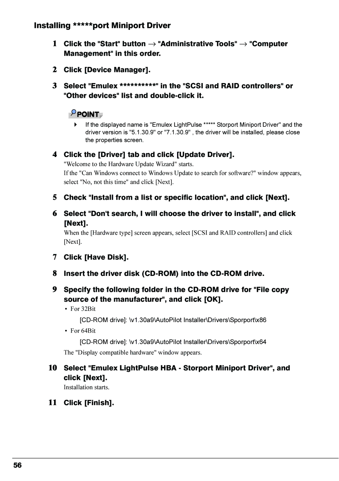 Fujitsu 4Gbit/s FC I/O Modules manual Installing *****port Miniport Driver, Click the Driver tab and click Update Driver 