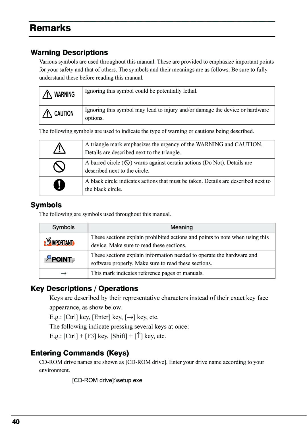 Fujitsu 4Gbit/s FC I/O Modules manual Symbols, Key Descriptions / Operations, Entering Commands Keys 