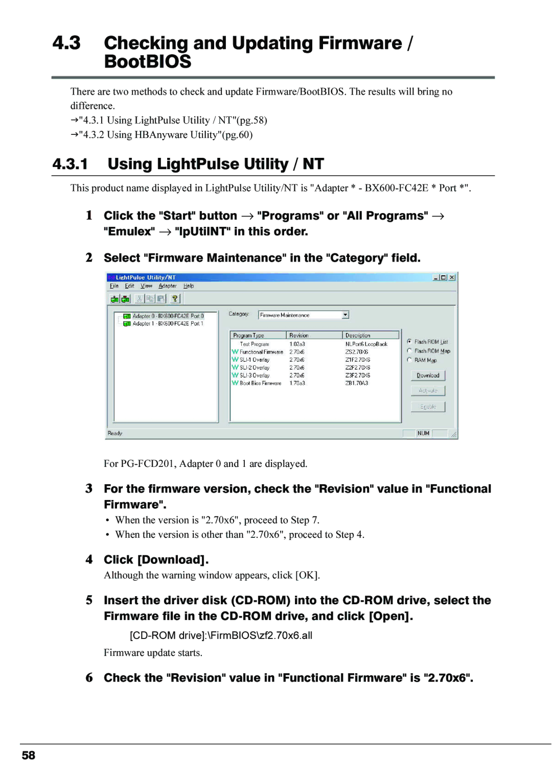 Fujitsu 4Gbit/s FC I/O Modules manual Checking and Updating Firmware / BootBIOS, Click Download 