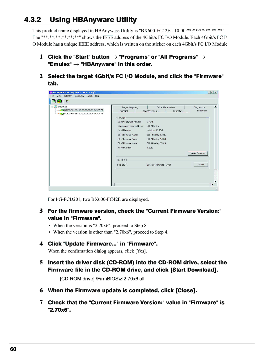 Fujitsu 4Gbit/s FC I/O Modules manual Using HBAnyware Utility, Click Update Firmware... in Firmware 