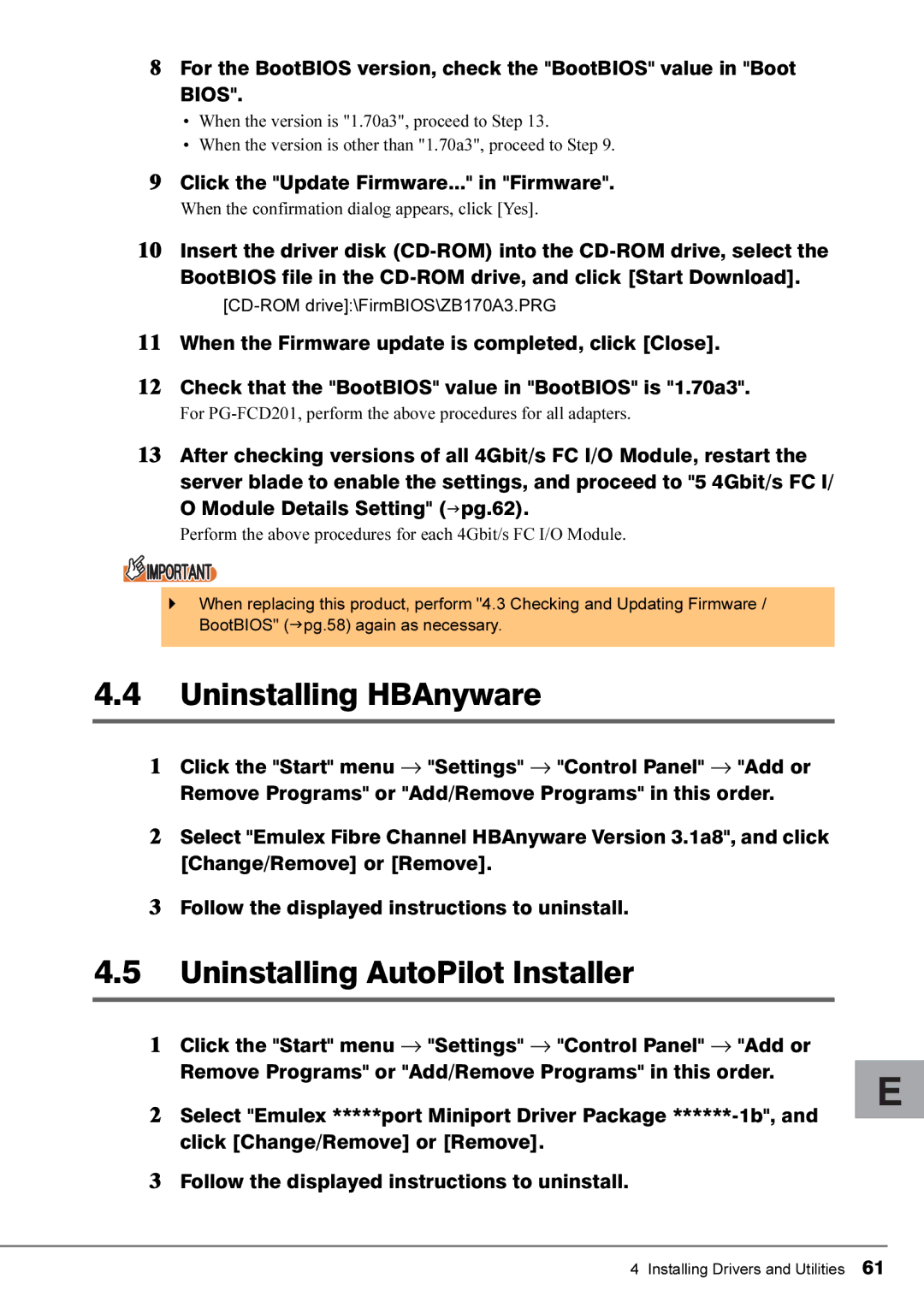 Fujitsu 4Gbit/s FC I/O Modules manual Uninstalling HBAnyware, Uninstalling AutoPilot Installer 