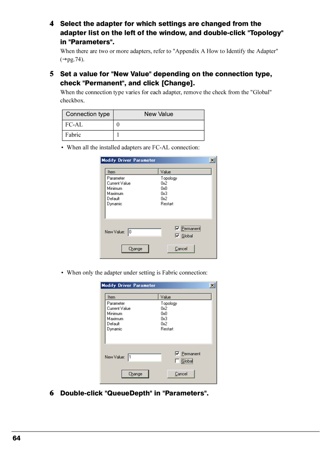 Fujitsu 4Gbit/s FC I/O Modules manual Double-click QueueDepth in Parameters, Fc-Al 