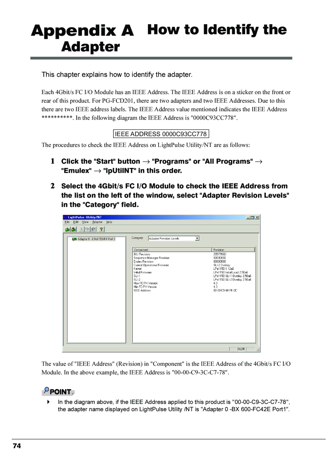 Fujitsu 4Gbit/s FC I/O Modules Appendix a How to Identify the Adapter, This chapter explains how to identify the adapter 