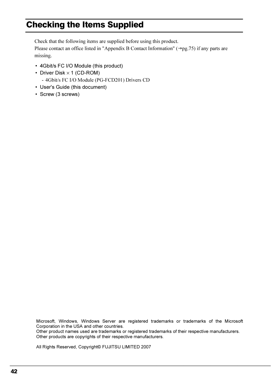 Fujitsu 4Gbit/s FC I/O Modules manual Checking the Items Supplied 