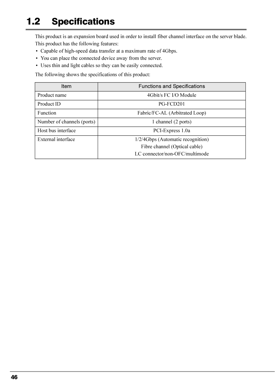 Fujitsu 4Gbit/s FC I/O Modules manual Specifications 