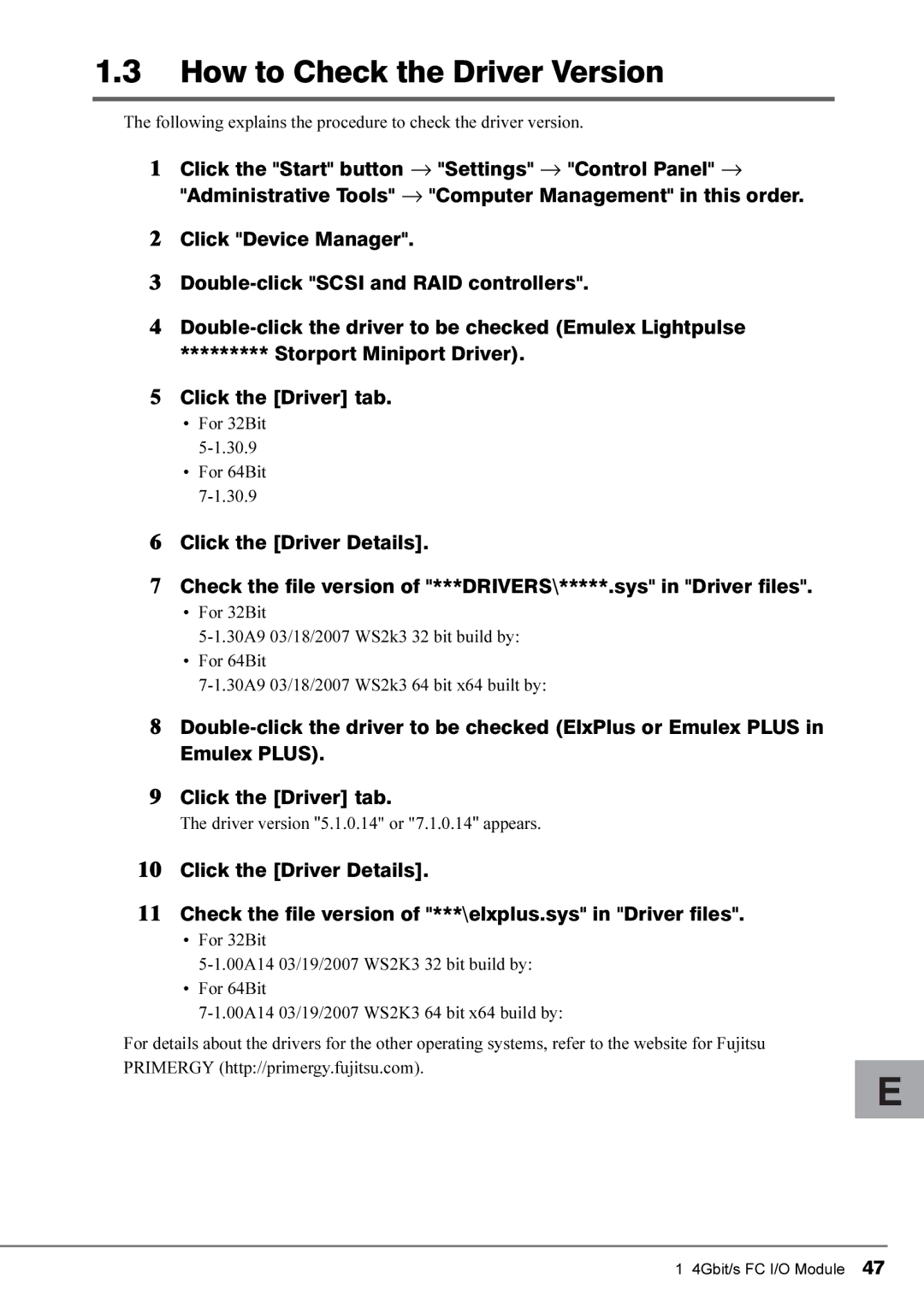 Fujitsu 4Gbit/s FC I/O Modules manual How to Check the Driver Version 