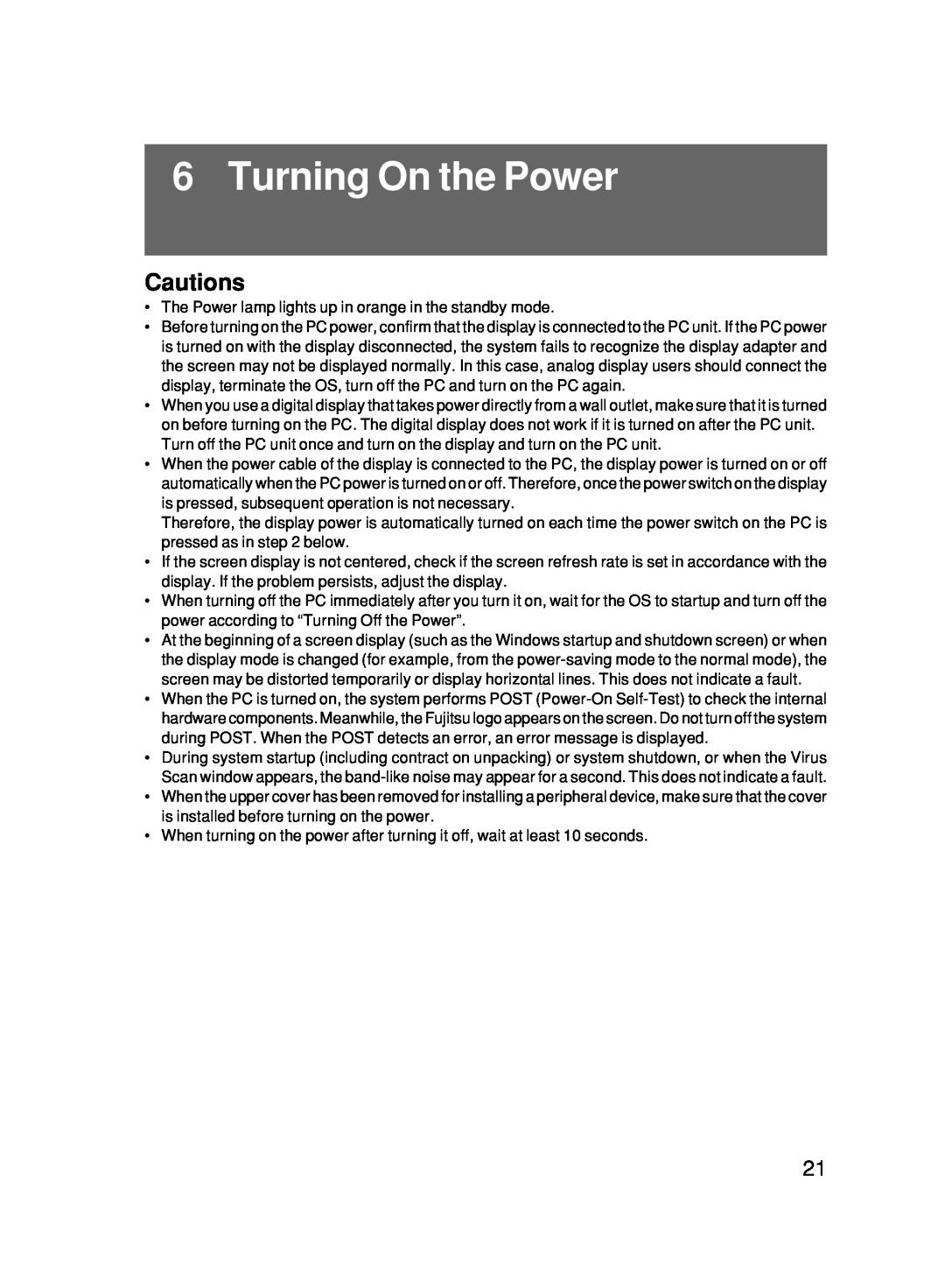 Fujitsu 500 user manual Turning On the Power, Cautions 