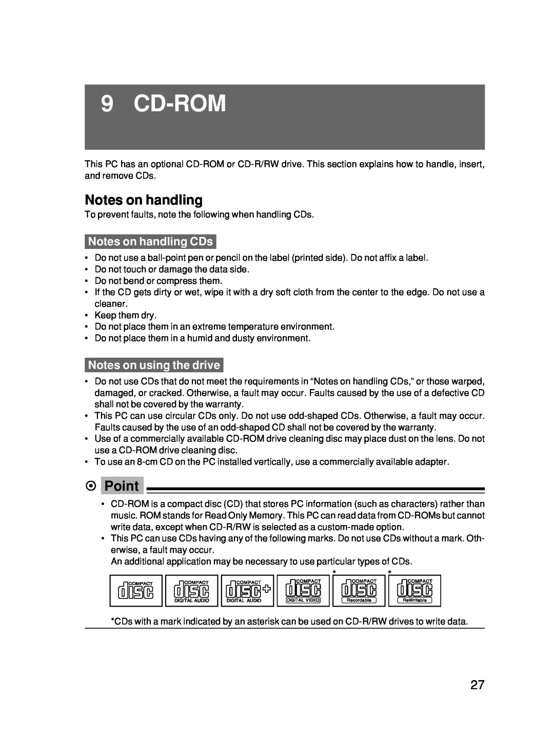 Fujitsu 500 user manual Cd-Rom, Notes on handling CDs, Notes on using the drive, Point 