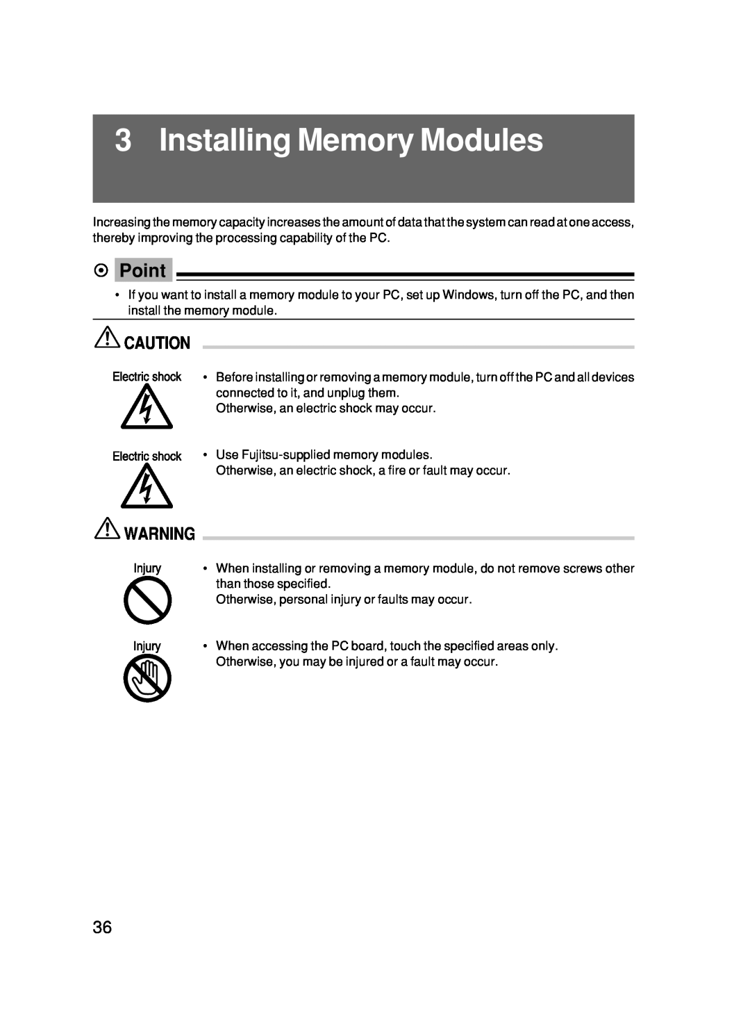 Fujitsu 500 user manual Installing Memory Modules, Point 